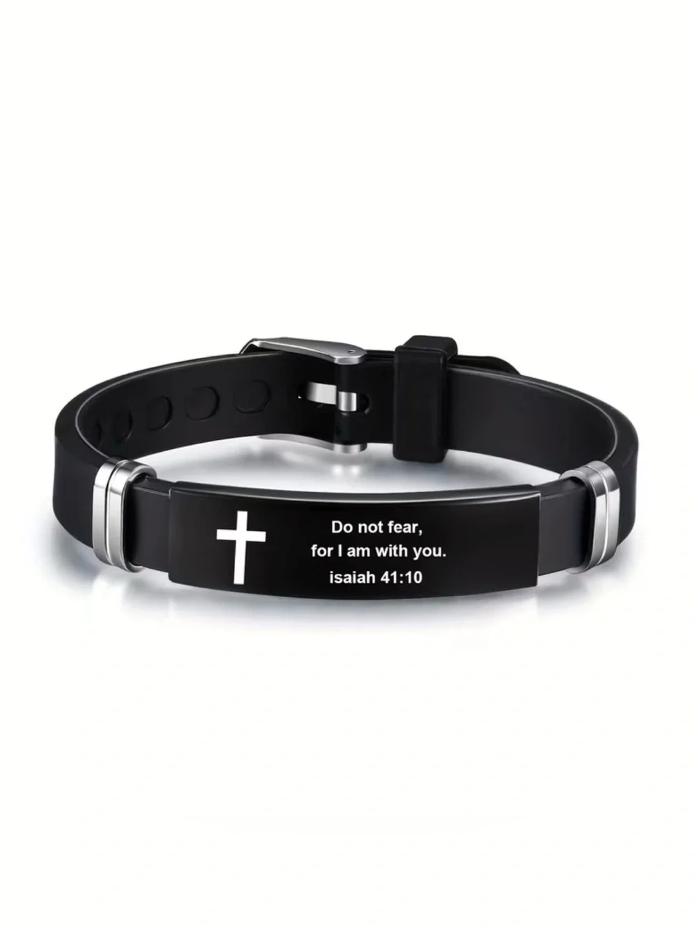 Men's Black Silicone Faith Bracelet with Cross and Isaiah 41:10 Engraving